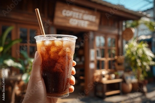 Obraz Customer holds iced drink with paper straw outside eco-friendly cafe, rustic wooden signage behind, natural lighting, medium shot from front.