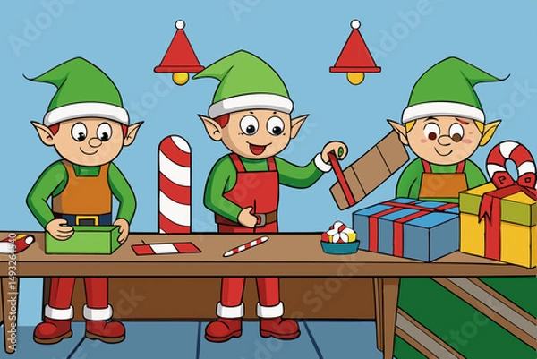 Fototapeta Elves working in Santa’s workshop cartoon vector illustration