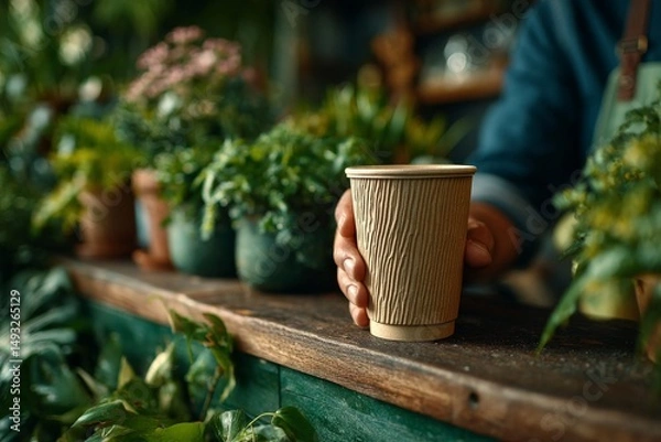 Obraz Barista serves coffee in biodegradable cup over recycled counter, indoor plants and natural light, wide shot from side.