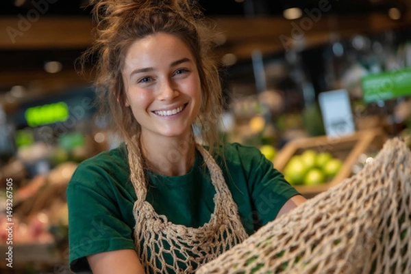 Obraz Saleperson smiling Woman While Shopping for Groceries in Supermarket.