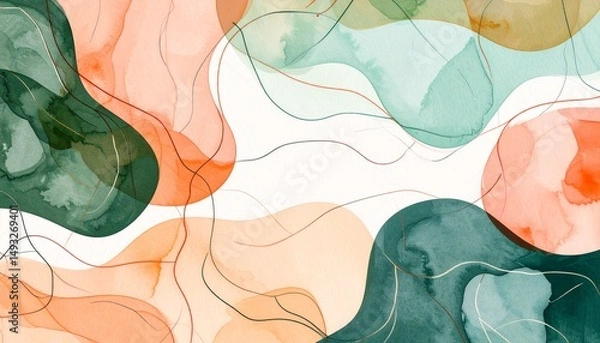 Fototapeta Abstract background topographic lines depth concept. Abstract watercolor shapes in soft tones with flowing lines.