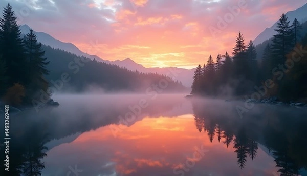Obraz Sunrise lake landscape mountain forest reflection view