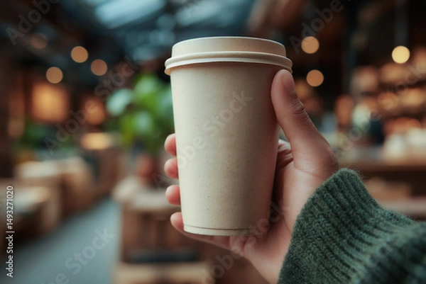 Obraz Person holds smoothie in compostable cup with eco label, shop built with recycled wood in background, warm tones, medium close-up, sustainability in everyday life style.