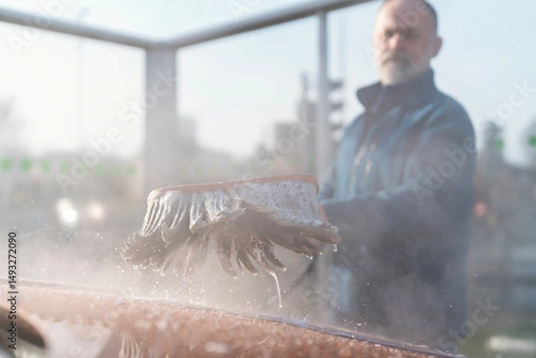 Obraz Close-up of Car wash process in a bright and sunny location with foam and driver using a brush to clean vehicle exterior