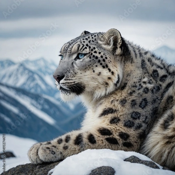 Obraz "A snow leopard resting on a rocky cliffside, thick fur blending with the snowy terrain, piercing blue eyes staring into the distance, cold mountain backdrop, ultra-detailed and majestic"