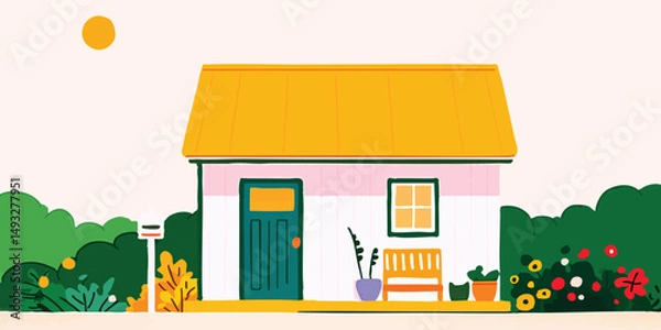 Obraz An illustrative portrayal of a charming house surrounded by a vibrant garden, under a sunny sky. This artwork captures the essence of home and the beauty of nature.