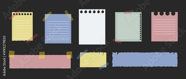 Fototapeta Set of school children's torn notes, scrapbook paper sheets in a square and a ruler, Vector illustration of pieces of paper for collage.