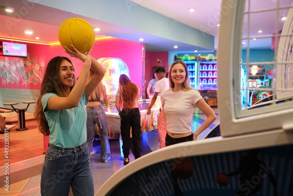 Obraz Two friends enjoying a basketball arcade game in a vibrant entertainment center, showcasing leisure and amusement