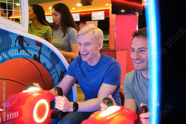 Obraz Two male friends enjoying their time together, playing on a simulator machine in a vibrant amusement arcade