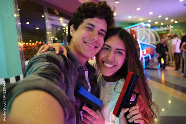 Obraz Young man and woman smiling and taking selfie while holding toy guns in a brightly lit amusement arcade