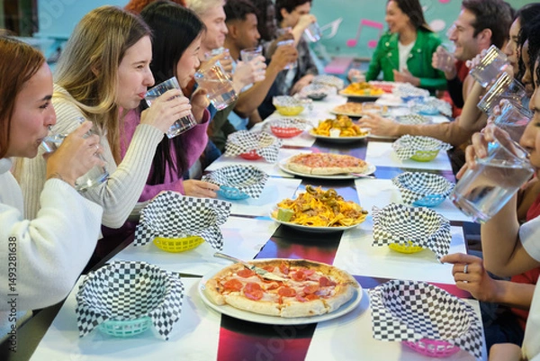 Obraz Group of friends drinking water in a diner, with pizza and nachos on the table