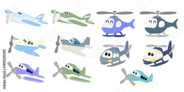 Obraz Set of Kawaii popular trend airplane and helicopter character design. Transportation air