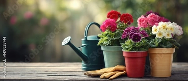Fototapeta Primrose Flowers in Pots with Watering Can and Gloves on Wooden Tabletop in Garden Setting Still Life