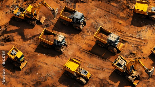 Obraz Aerial View of Yellow Dump Trucks and Excavators on Construction Site