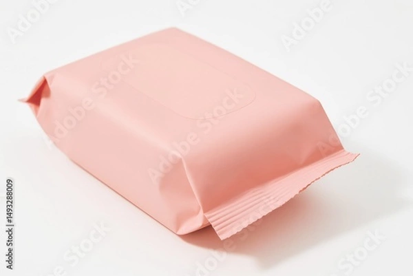 Fototapeta Sealed pink pouch of wet wipes, minimalistic and wrinkle-textured, on a white background