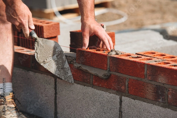 Obraz Construction worker bricklayer lays bricks for new structure at building site using tools and materials for masonry work