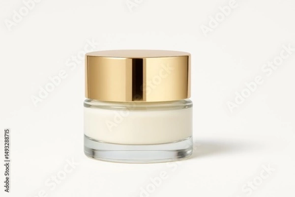 Fototapeta A luxurious cosmetic cream jar with a shiny gold lid and white cream inside, placed on a light neutral background