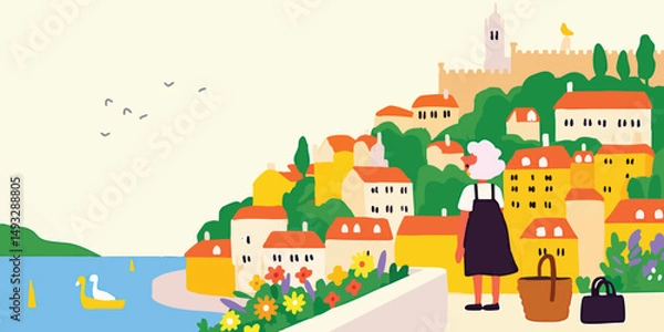 Fototapeta A charming, artistic illustration of a lady gazing at a scenic coastal town, capturing the tranquility and beauty of the seaside, complete with lush landscapes and a delightful sense of leisure.