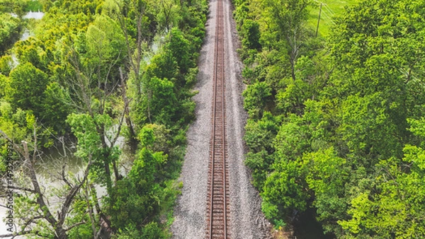 Obraz railway in the countryside forest trees rail aerial drone photography background nobody