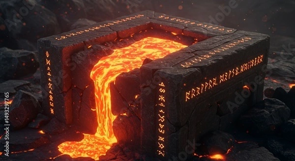 Obraz Stone Basin with Flowing Lava and Runes