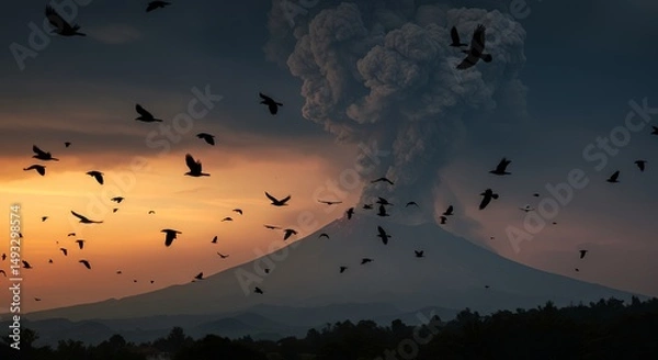 Obraz Volcano Eruption Bird Flock Fly Sunset Sky