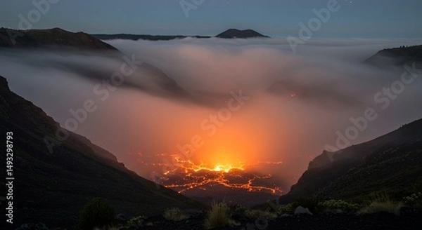 Obraz Volcano Eruption Through Clouds in Valley Landscape