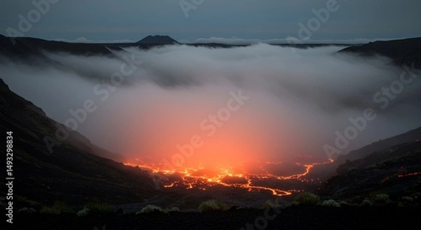Obraz Lava Flowing in Volcanic Crater with Clouds