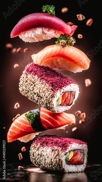 Fototapeta Sushis empilés en l'air
