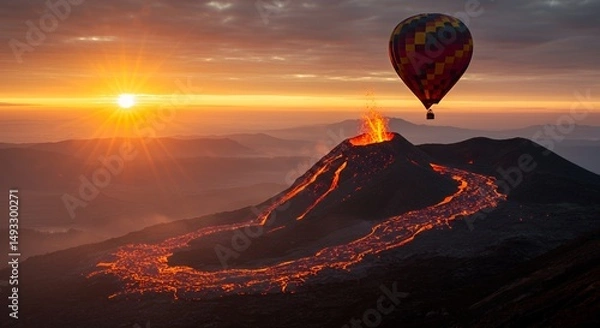 Obraz Volcano Eruption Hot Air Balloon Sunset