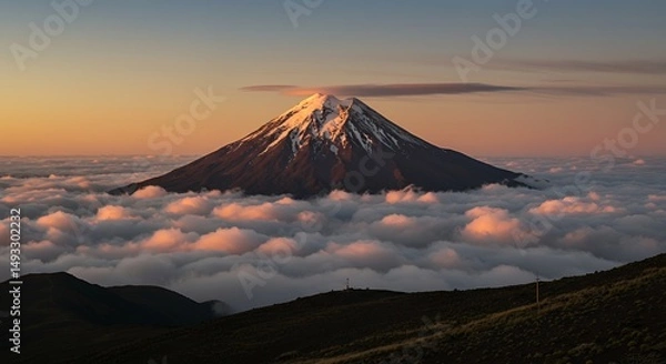 Obraz Mountain peak above clouds at sunset
