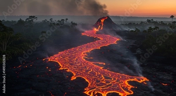 Obraz Active Volcano Flowing Lava River at Sunrise