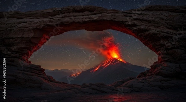 Obraz Volcano Eruption Through Rock Arch at Night