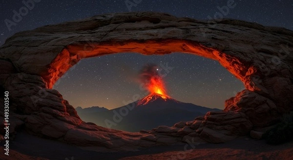 Obraz Volcano Eruption Through Rock Arch at Night