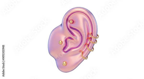 Obraz Isolated Iridescent Ear with Multiple Gold Earrings