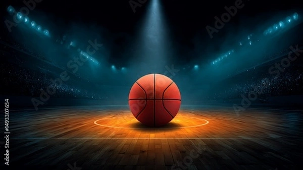 Obraz A single basketball rests center court in a darkened arena, illuminated by spotlights, ready for the game.