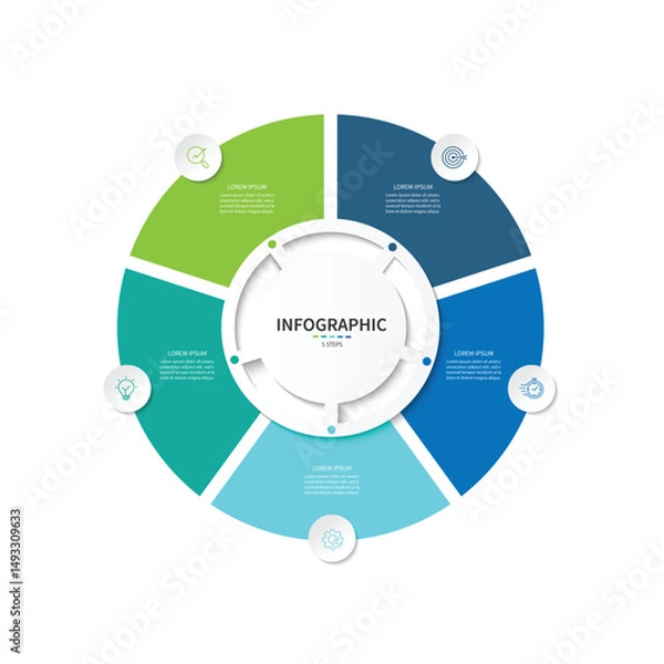 Fototapeta Business visualization infographic circle design template with 5 options, steps or processes. Business presentation.