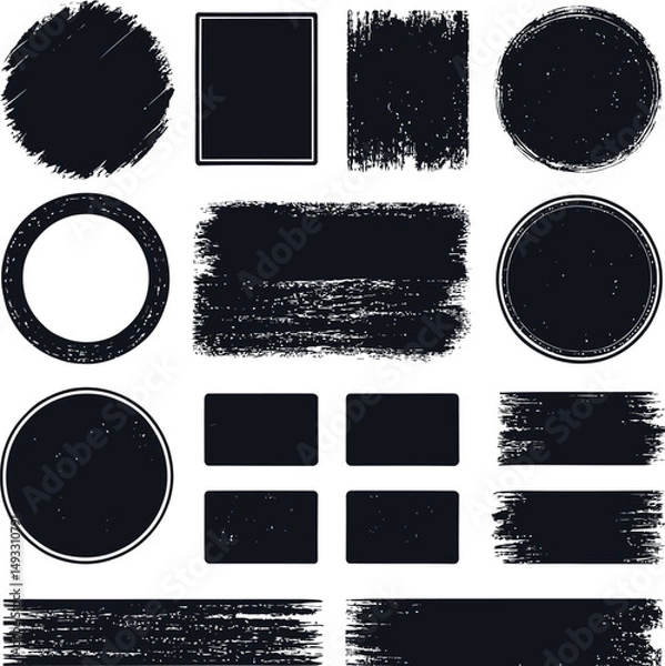 Obraz set of grunge frames, Universal geometric shapes in grunge and halftone style, circles, rectangles, squares, with the effect of splashes, torn sides. Universal callouts for text, template stickers. Ve