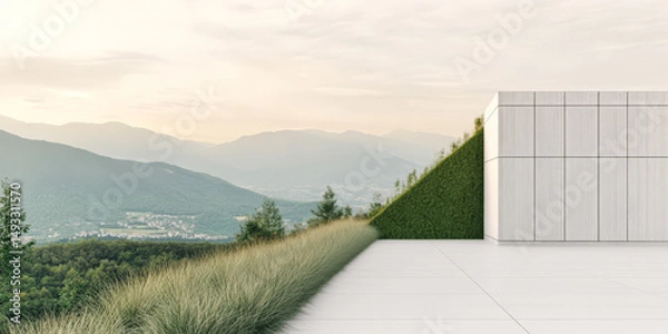 Obraz Modern architectural design blends with natural landscape in the mountains at sunset