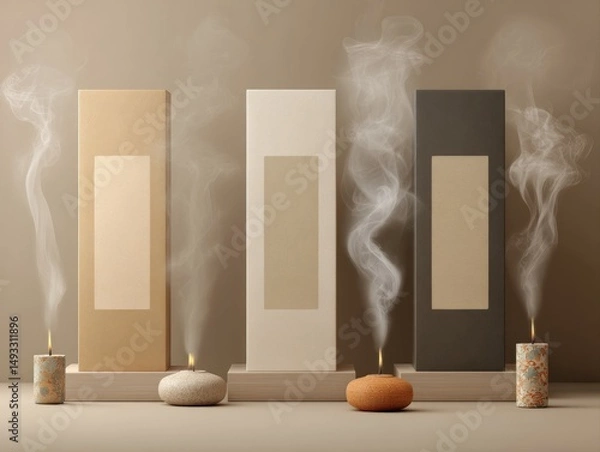 Fototapeta Elegant aromatherapy display with smoke effects modern interior decor tranquil environment close-up serenity
