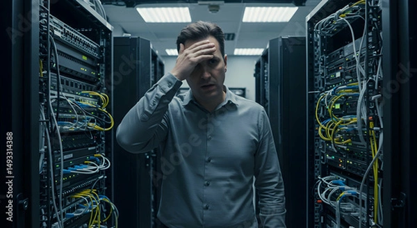 Fototapeta stressed,  worried,  concerned, Stressed IT Specialist in Server Room