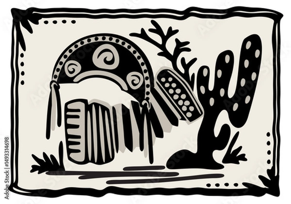 Obraz Cangaceiro hat, accordion and cacti. Brazilian cordel style woodcut illustration.