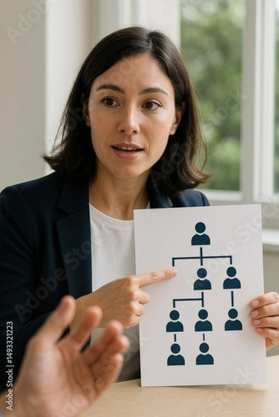 Fototapeta Corporation structure negotiation concept. Woman presenting a flowchart during a business meeting.
