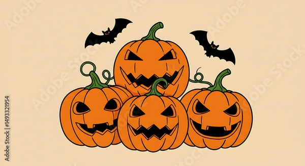 Fototapeta Spooky Halloween Pumpkins Festive Jack-o'-lanterns with Bats for Autumn Decorations