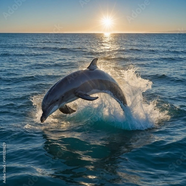 Obraz "A pair of dolphins leaping out of the ocean in sync, water splashing around them, sun reflecting off the waves, clear blue sky, joyful and lifelike scene"
