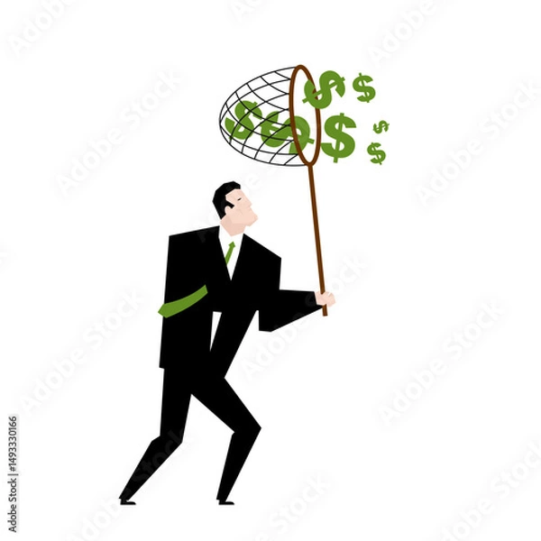 Obraz BusinessMan catches money with Butterfly net . Concept of catching money. Getting rich and increasing finances.