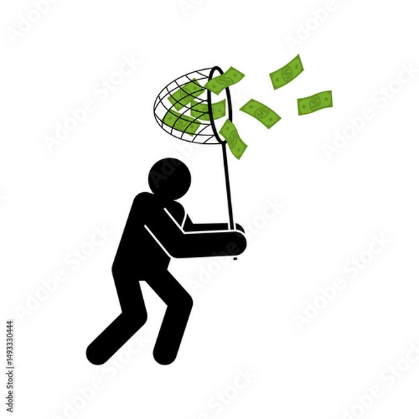 Obraz Man catches money with Butterfly net . Concept of catching money. Getting rich and increasing finances.
