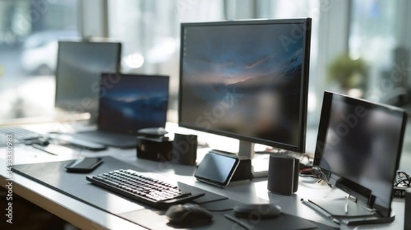 Obraz Modern workplace setup featuring multiple screens and devices