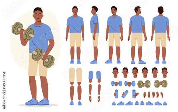 Fototapeta Sporty man wearing fitness clothes holding dumbbells. Character constructor for animation. Front, side and back view set. Body parts, postures, poses collection. Vector illustration.
