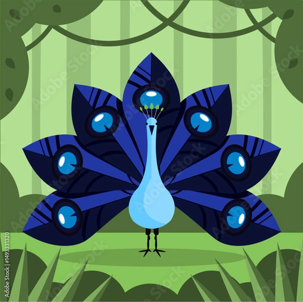 Fototapeta Stylized vector image of a peacock in a garden. Stylized picture, a bird with a bright tail.
