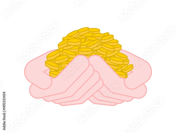 Obraz Palms full of coins. Many money in hands. Concept illustration: wealth and prosperity